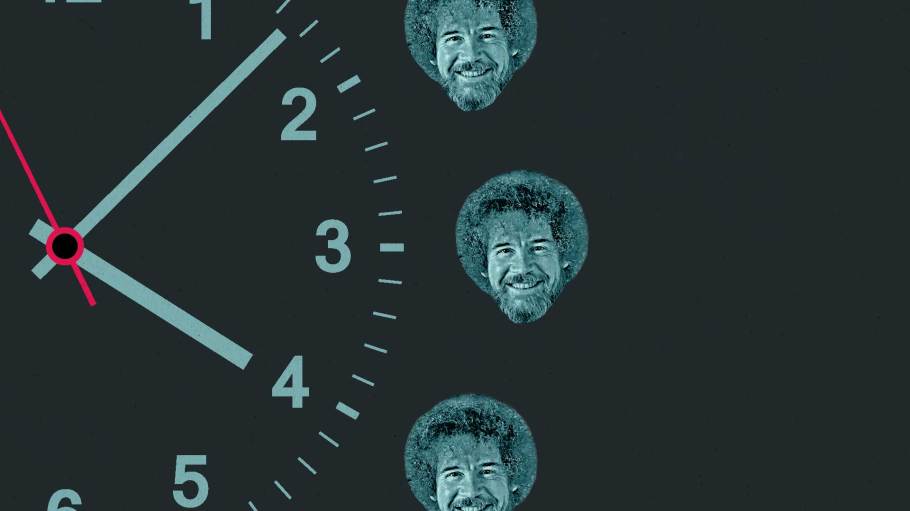 Illustration of a clock surrounded by tiny Bob Ross heads